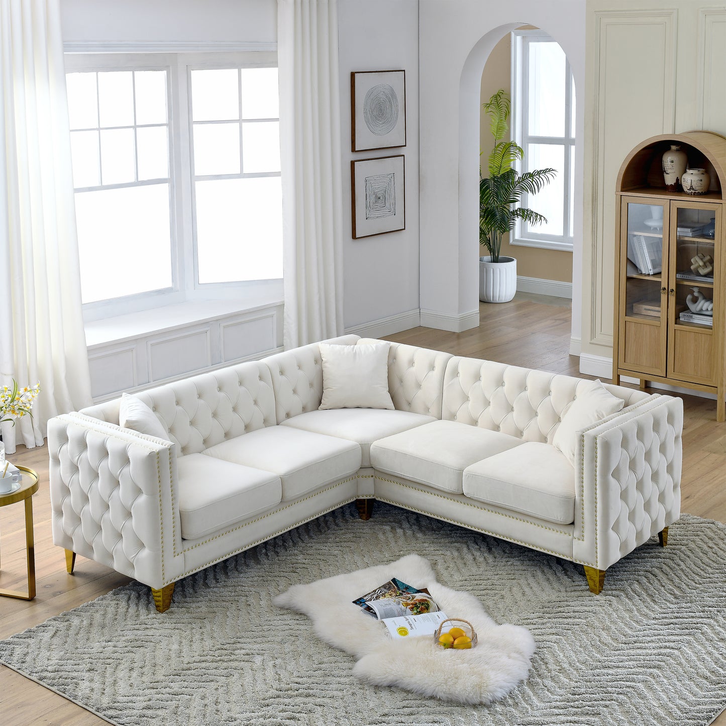 82.2-Inch Beige Velvet L-Shaped Sectional Sofa with Nailhead Trim and Metal Legs, 5-Seater Couch with Classic Chesterfield Design