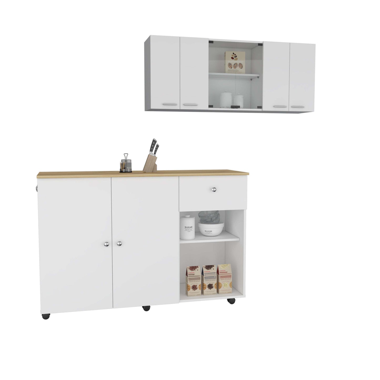 Tigard 2 Piece Kitchen Set, Syros Kitchen Island Cart + Oceana 150 Wall Cabinet Glass, White / Light Oak