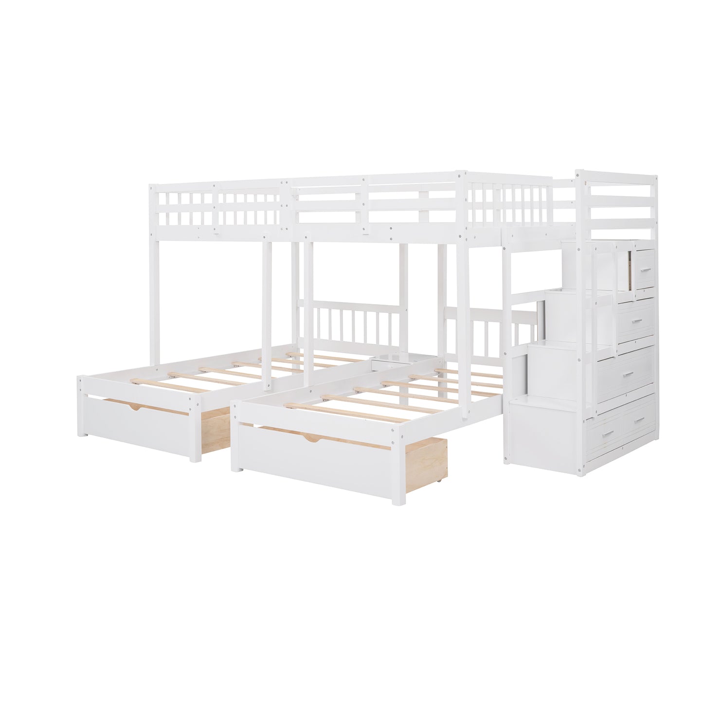 Three-Level Wooden Bunk Bed with Drawers, Full Over Twin & Twin Bunk Bed with Guardrails (White)