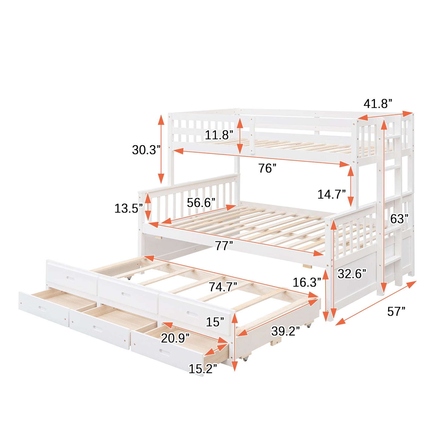 Playful Twin-Over-Full Bunk Bed with Trundle and Drawers - White