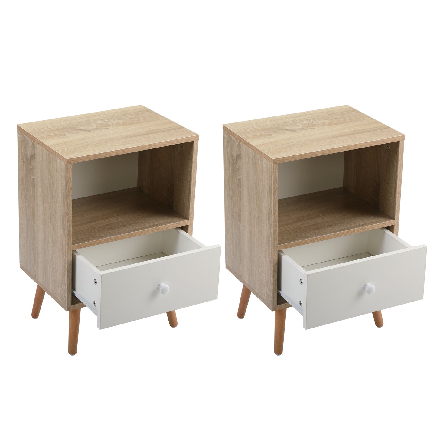 Mid-Century Wood Nightstand, Bed Sofa Side Table with Drawer and Shelf, Modern End Table for Living Room Bedroom Office, Set of 2, Natural and White