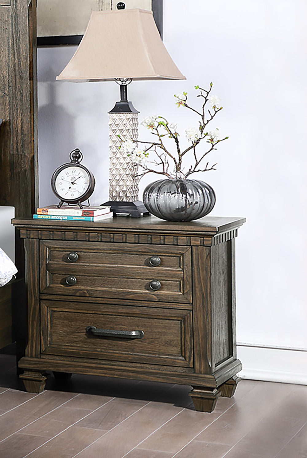 Bling 2-Drawer Wood Nightstand in Rustic Brown Finish