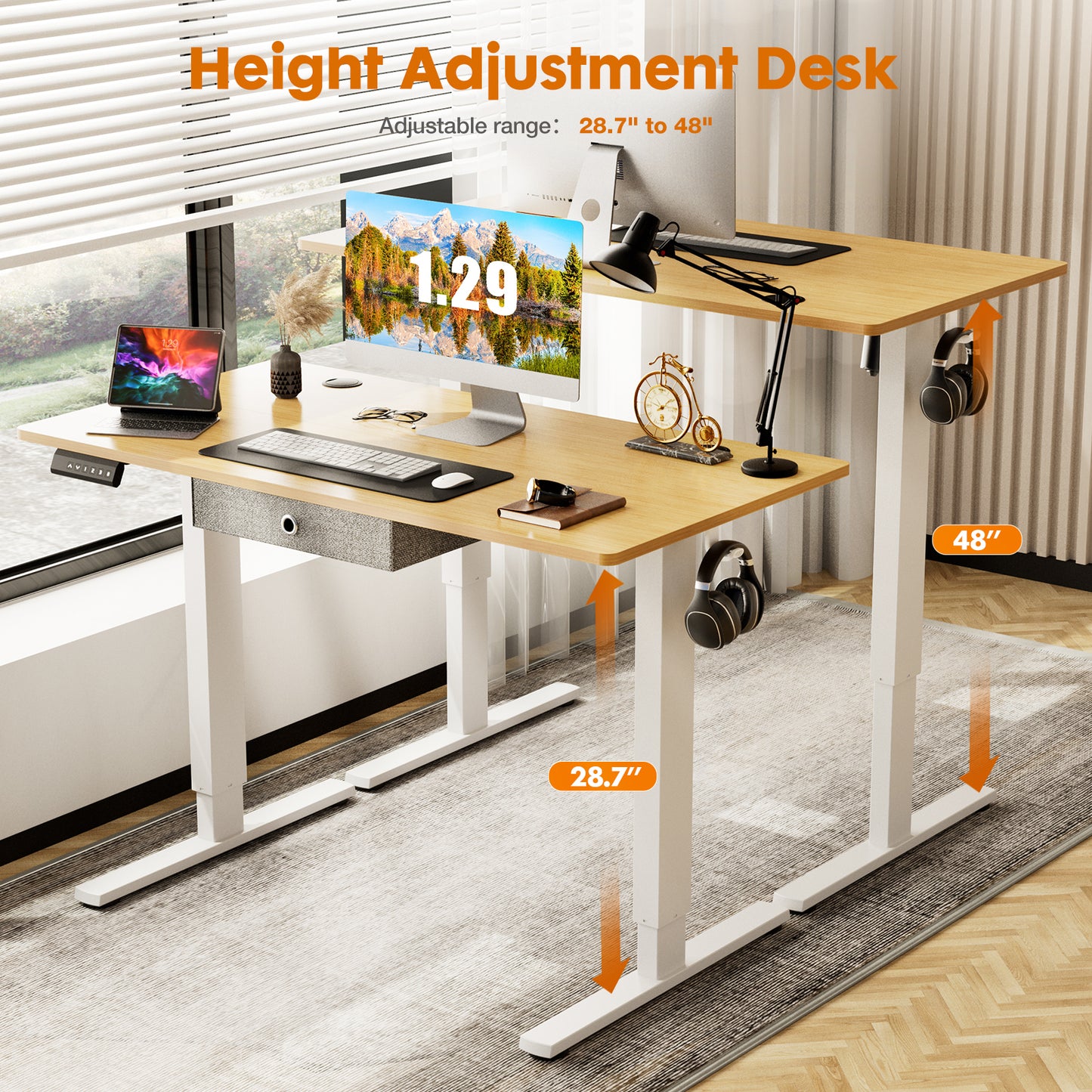 Electric Standing Desk with Drawer - Spacious 48 x 24 Inches Natural Height Adjustable