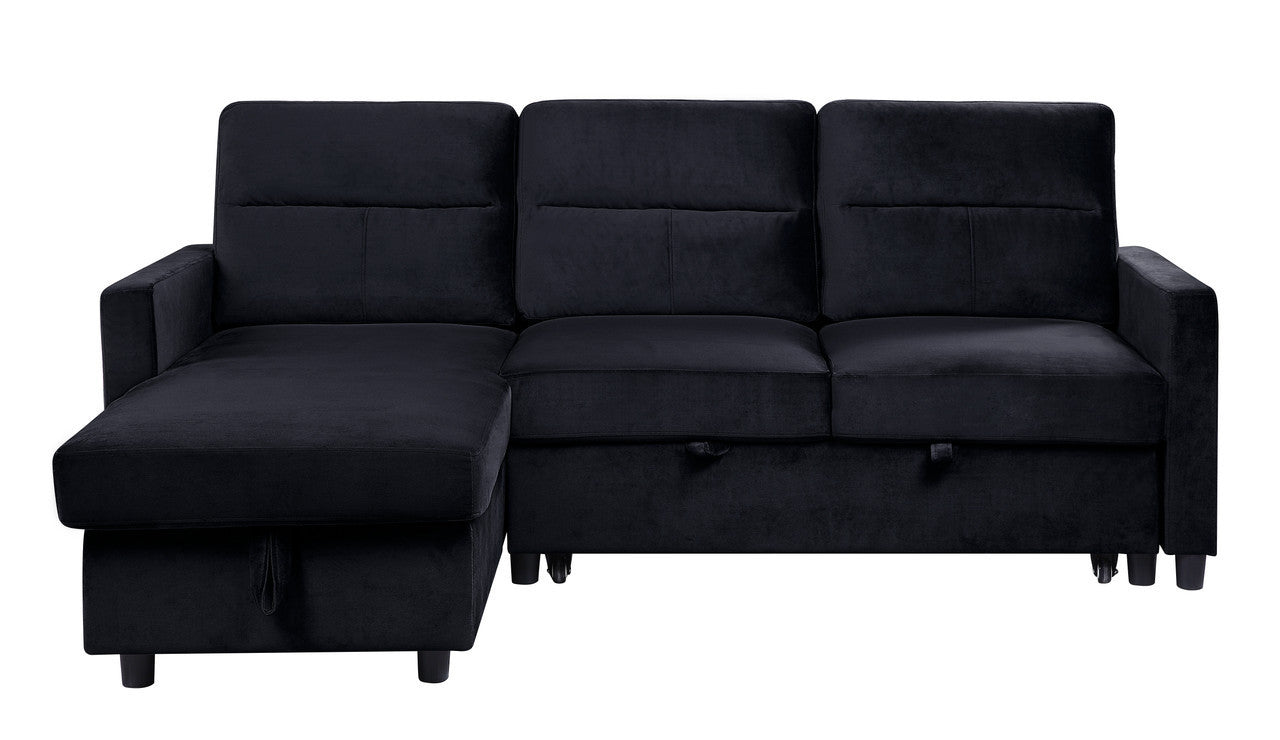 Black Velvet Reversible Sleeper Sectional Sofa with Storage Chaise and Side Pocket