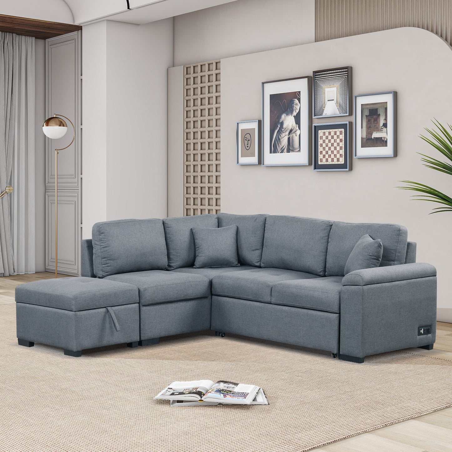 L-Shaped Sleeper Sectional Sofa with Ottoman and USB Charge, Dark Gray