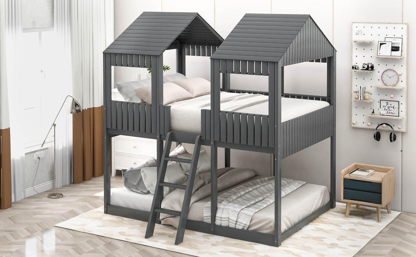 Wooden Playhouse-Styled Full Over Full Bunk Bed with Gray Roof and Window