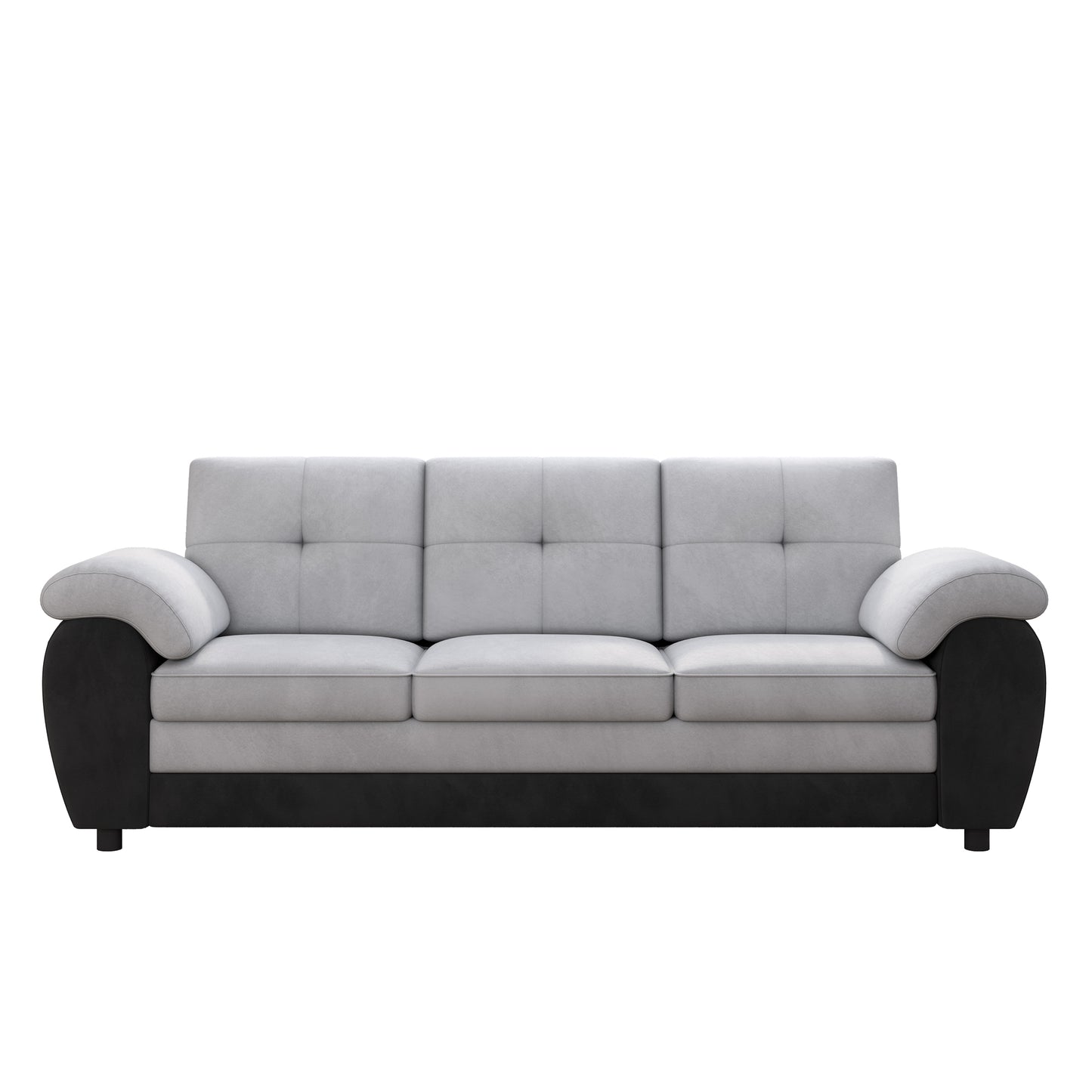 81.9 Inch Large Three-Seat Sofa, Modern Upholstered in Black Leather and Light Gray Velvet