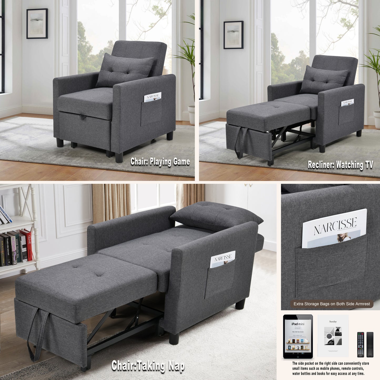 Single Sofa Bed with Pullout Sleeper, Convertible Folding Futon Chair, Lounge Chair Set with 1pc Lumbar pillow, Drak Gray color fabric