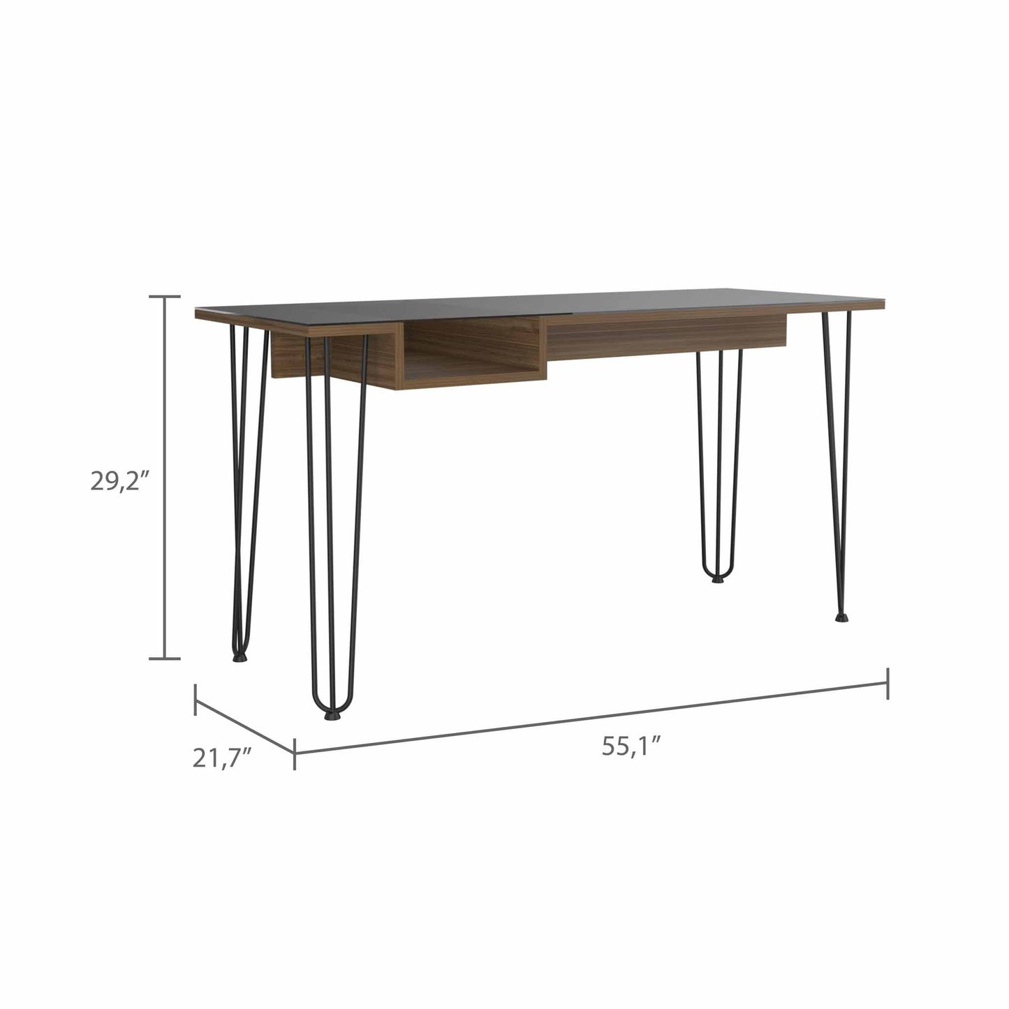 Mahogany Finish Writing Desk with Hairpin Legs and Glass Top With Modern Industrial Appeal