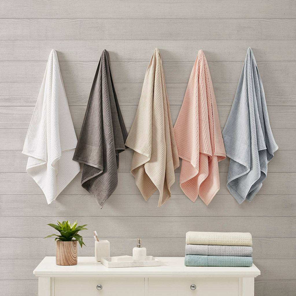 Woven Cotton Jacquard Antimicrobial Bath Towel Set with Velour Cuff - 6 Pieces