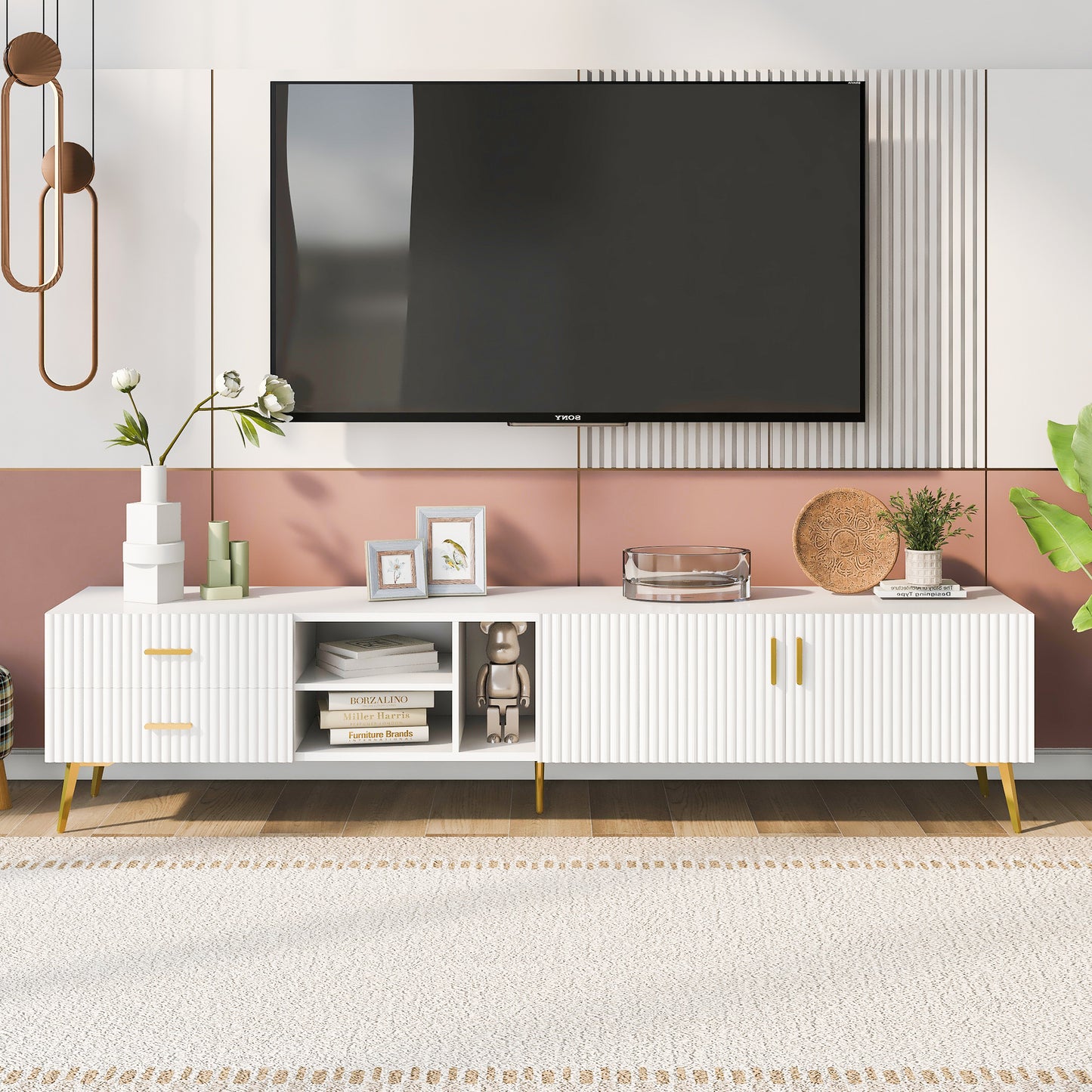 Stylish White Modern TV Stand with Champagne Legs - Accommodates TVs up to 77