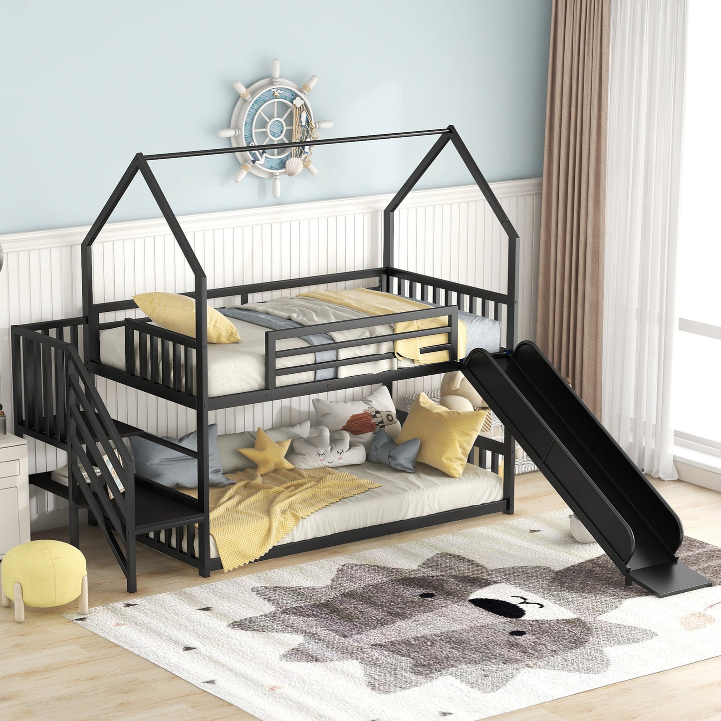 Kids Black Metal Twin Bunk Bed House with Slide and Storage Staircase