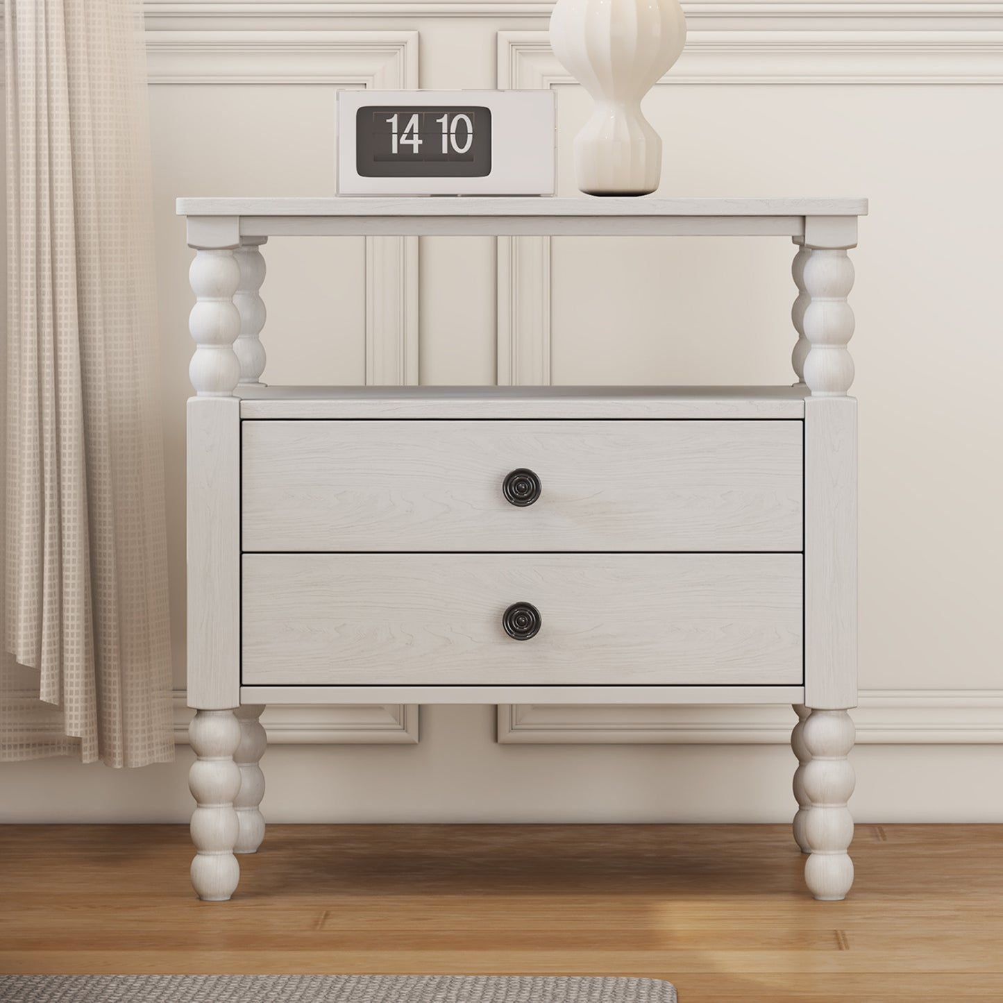 Gourd Shaped Leg 2 Drawer Nightstand, Antique White