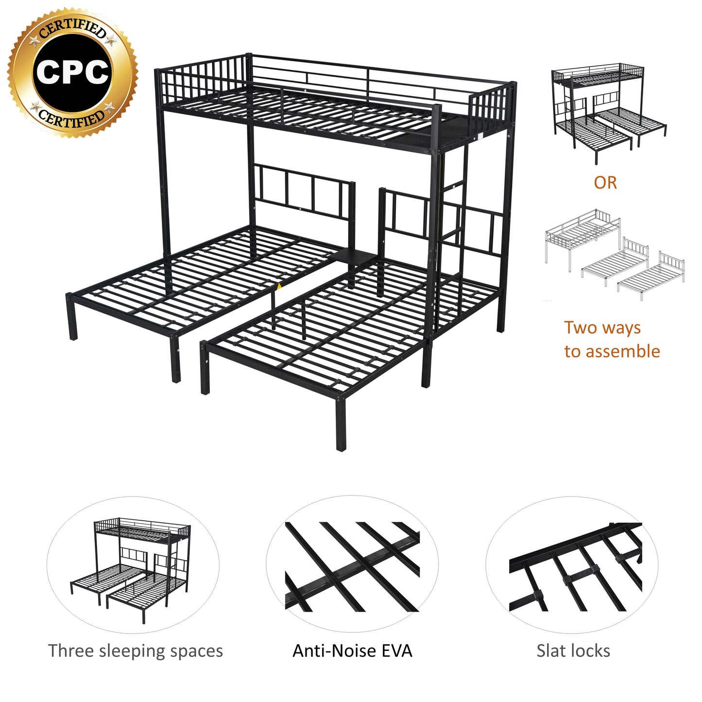 Convertible Metal Triple Bunk Bed - Space-Saving Solution with Noise Reduction