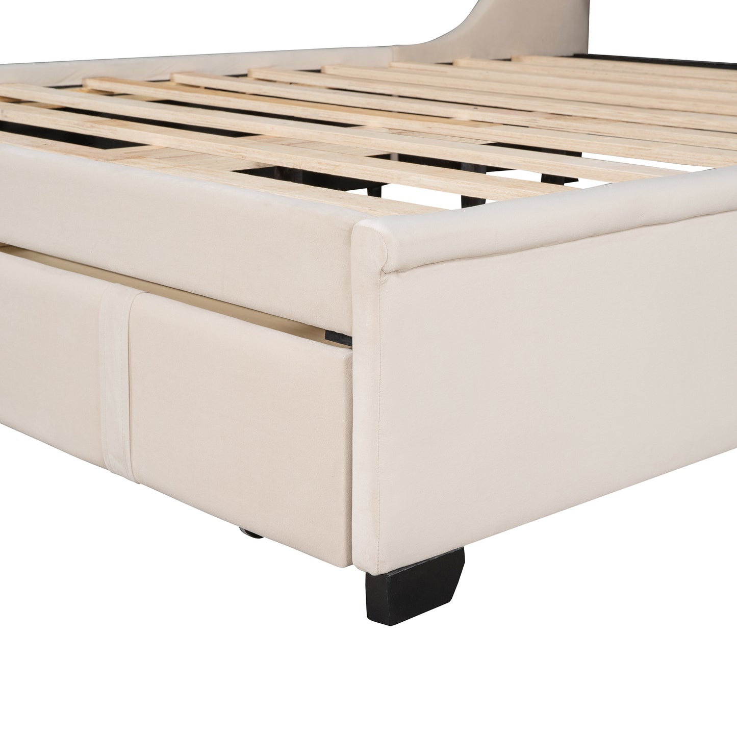 Queen Size Storage Bed Velvet Upholstered Platform Bed with Wingback Headboard and a Big Drawer (Beige)