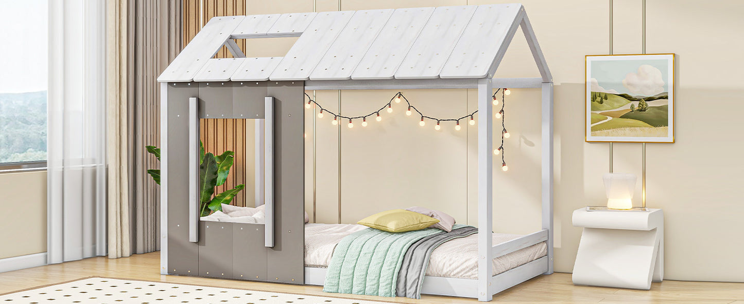 Twin Size House Platform with Roof and Window, White+Antique Grey(: WF294130AAE)