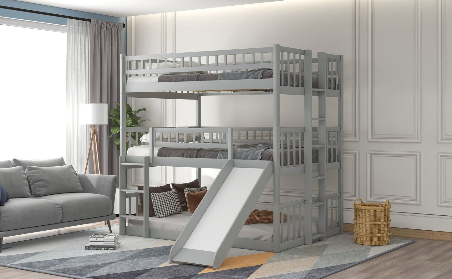 Triple Full Bunk Bed with Ladder, Slide, and Guardrails - Maximizing Space and Fun