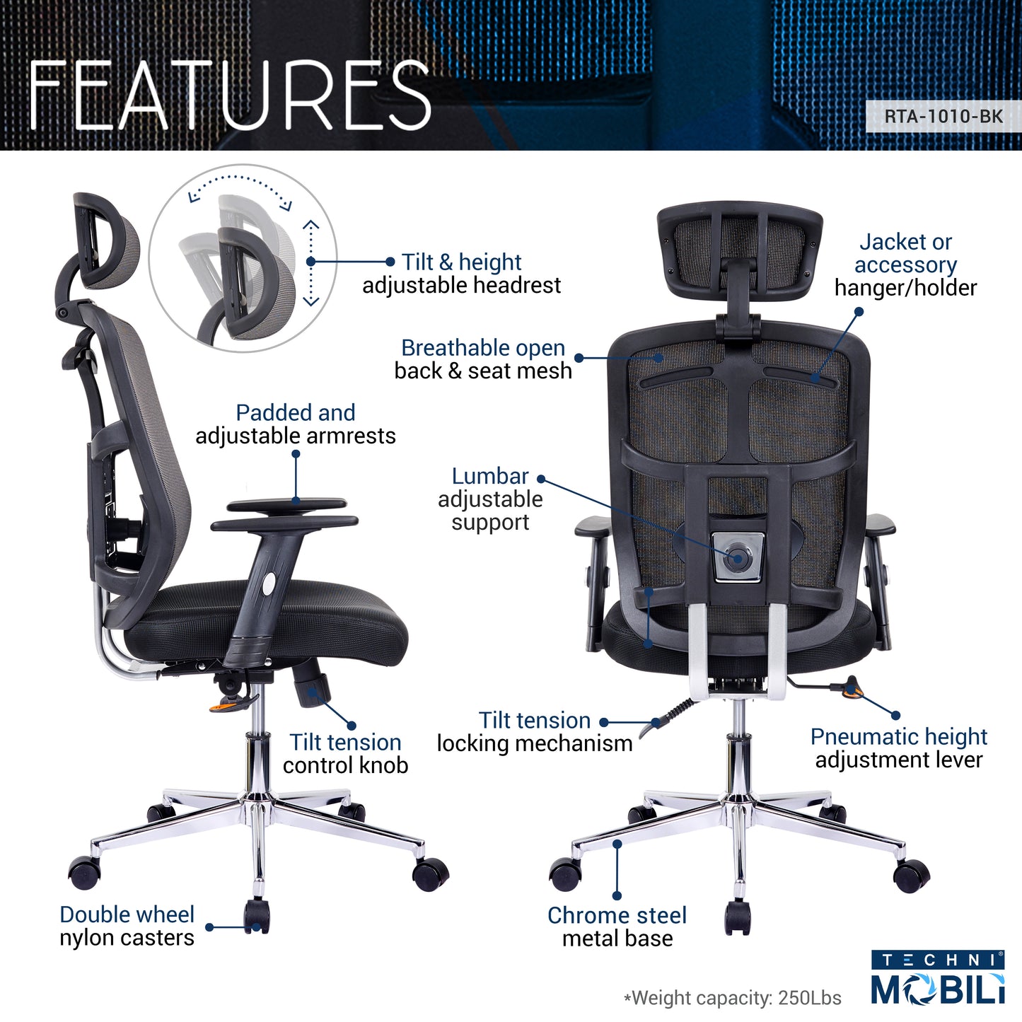 High Back Executive Mesh Office Chair with Arms, Lumbar Support and Chrome Base, Black