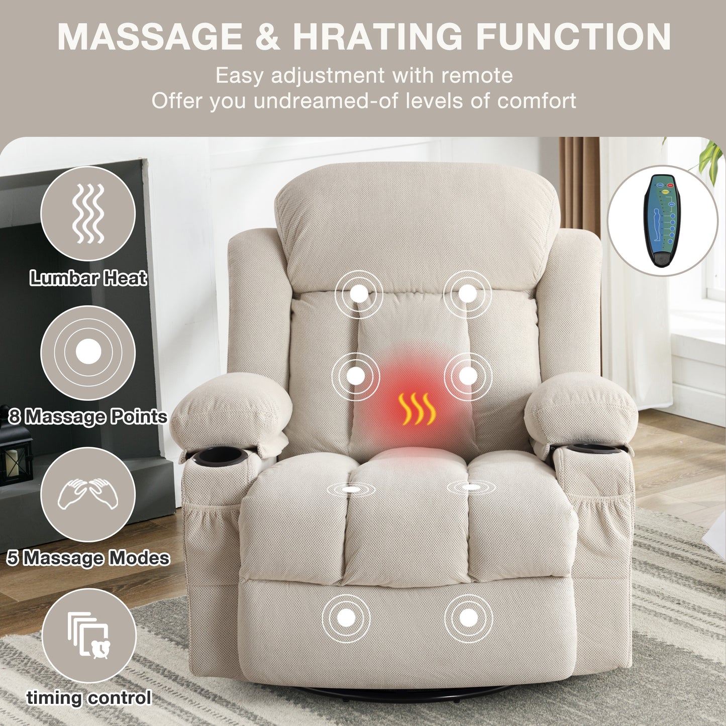 Heated Swiveling Recliner Massage Sofa with USB and Cup Holders