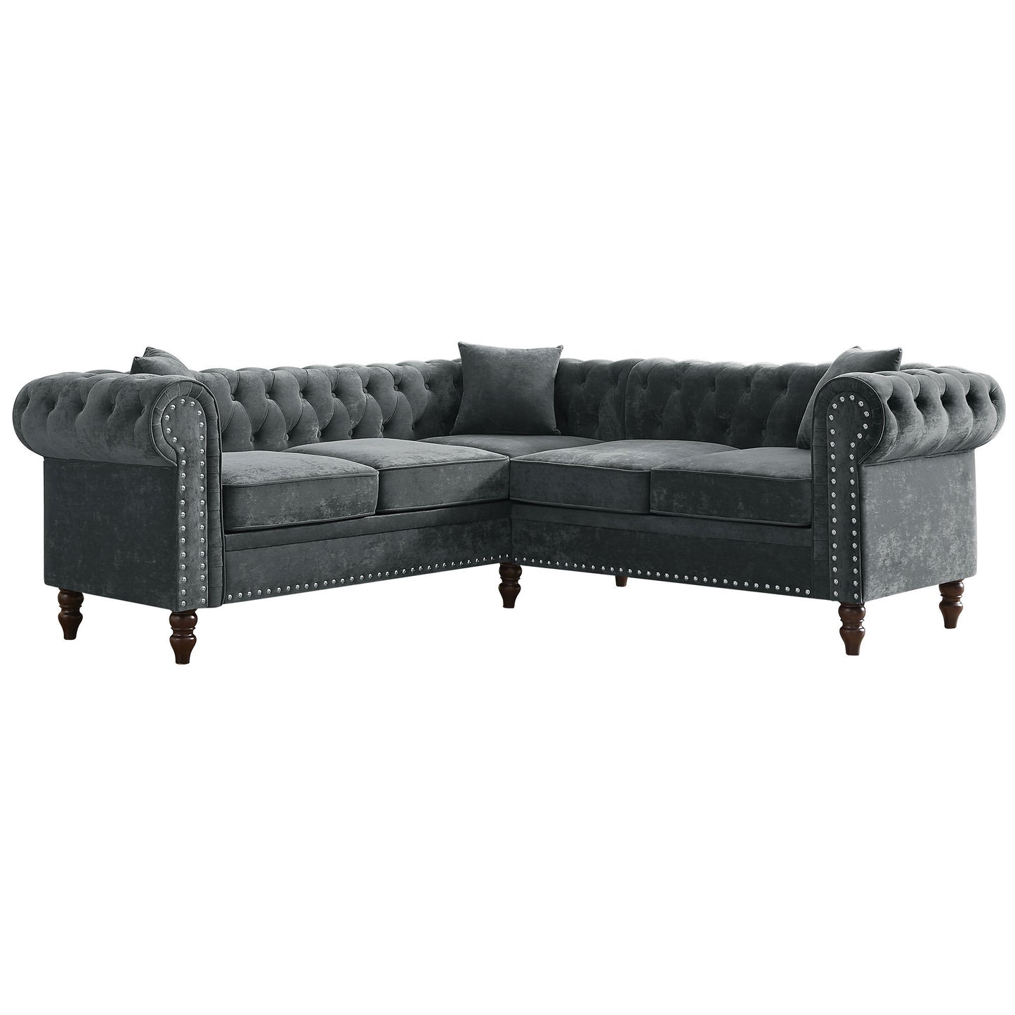 MH 80 Deep Button Tufted Upholstered Grey Velvet L-shaped Sofa with 3 Pillows and Solid Wood Gourd Legs