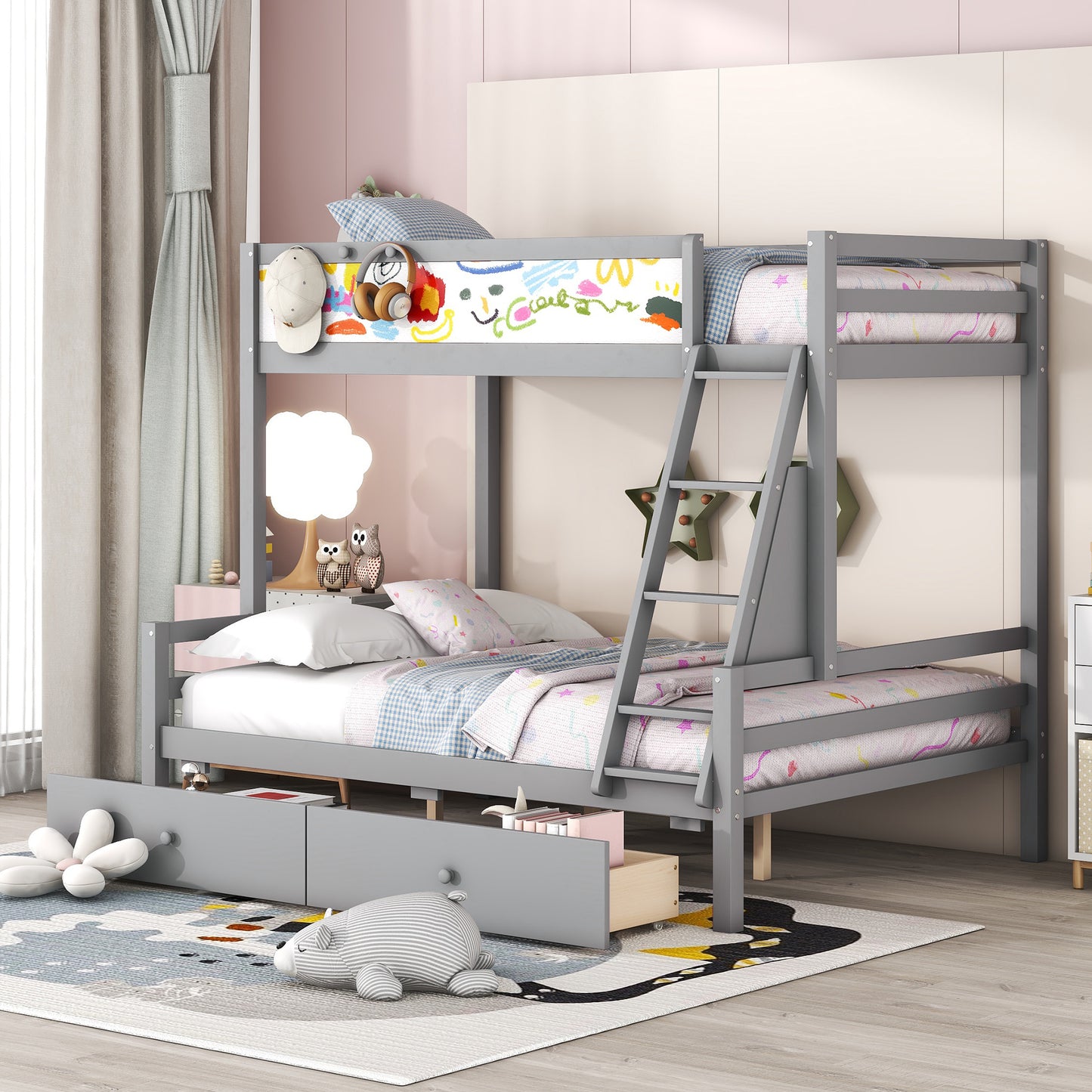 Grey Wood Twin over Full Bunk Bed with Whiteboard, 3 Hooks, and 2 Drawers - Innovative Storage Solution Twin over Full Bunk Bed