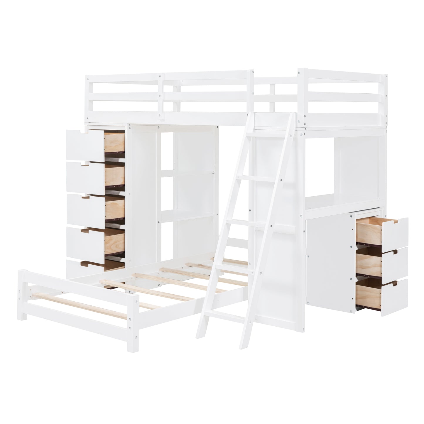 White Twin Bunk Bed with LED Light, USB Ports, and Storage Options