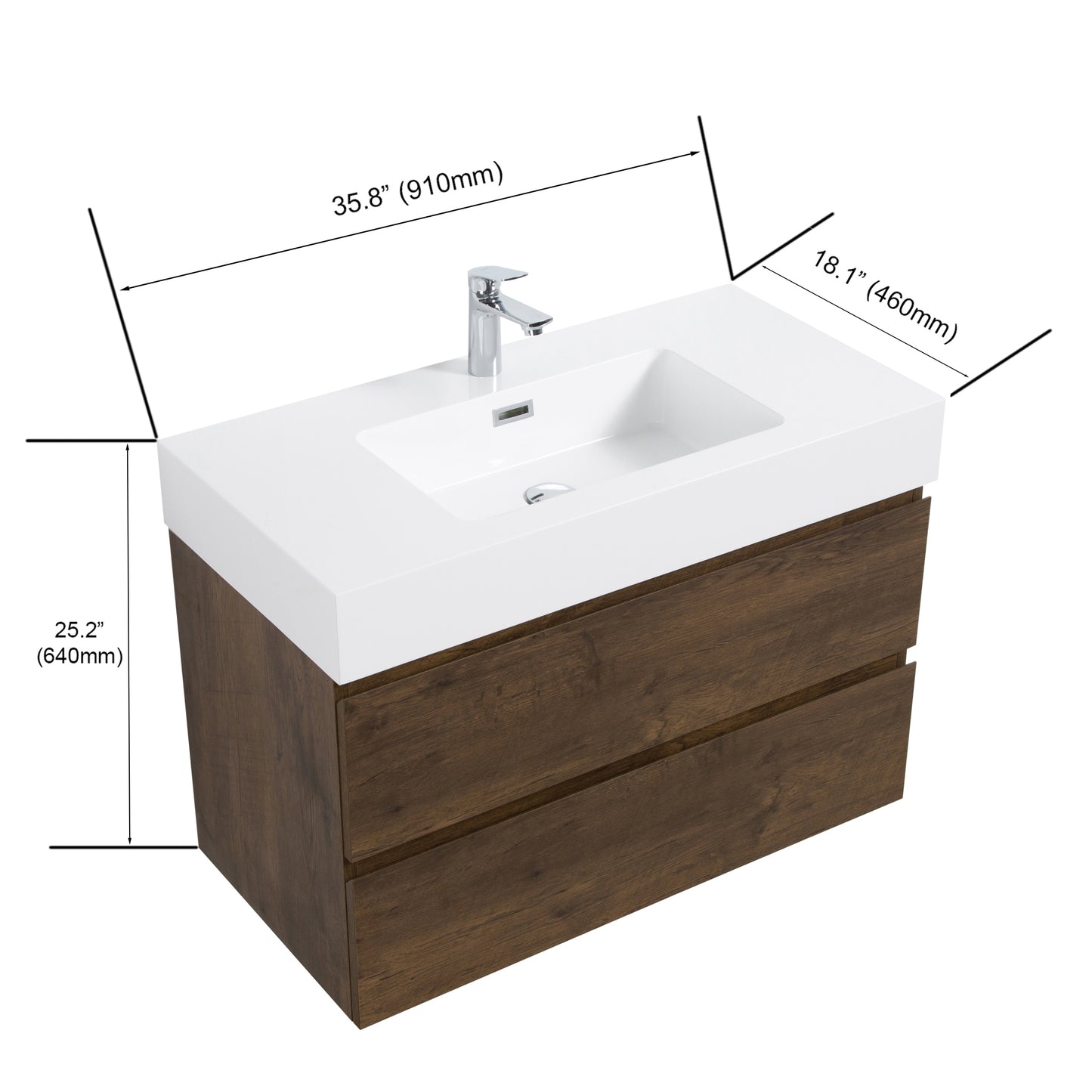 Alice 36" Walnut Bathroom Vanity with Sink, Large Storage Wall Mounted Floating Bathroom Vanity for Modern Bathroom, One-Piece White Sink Basin without Drain and Faucet