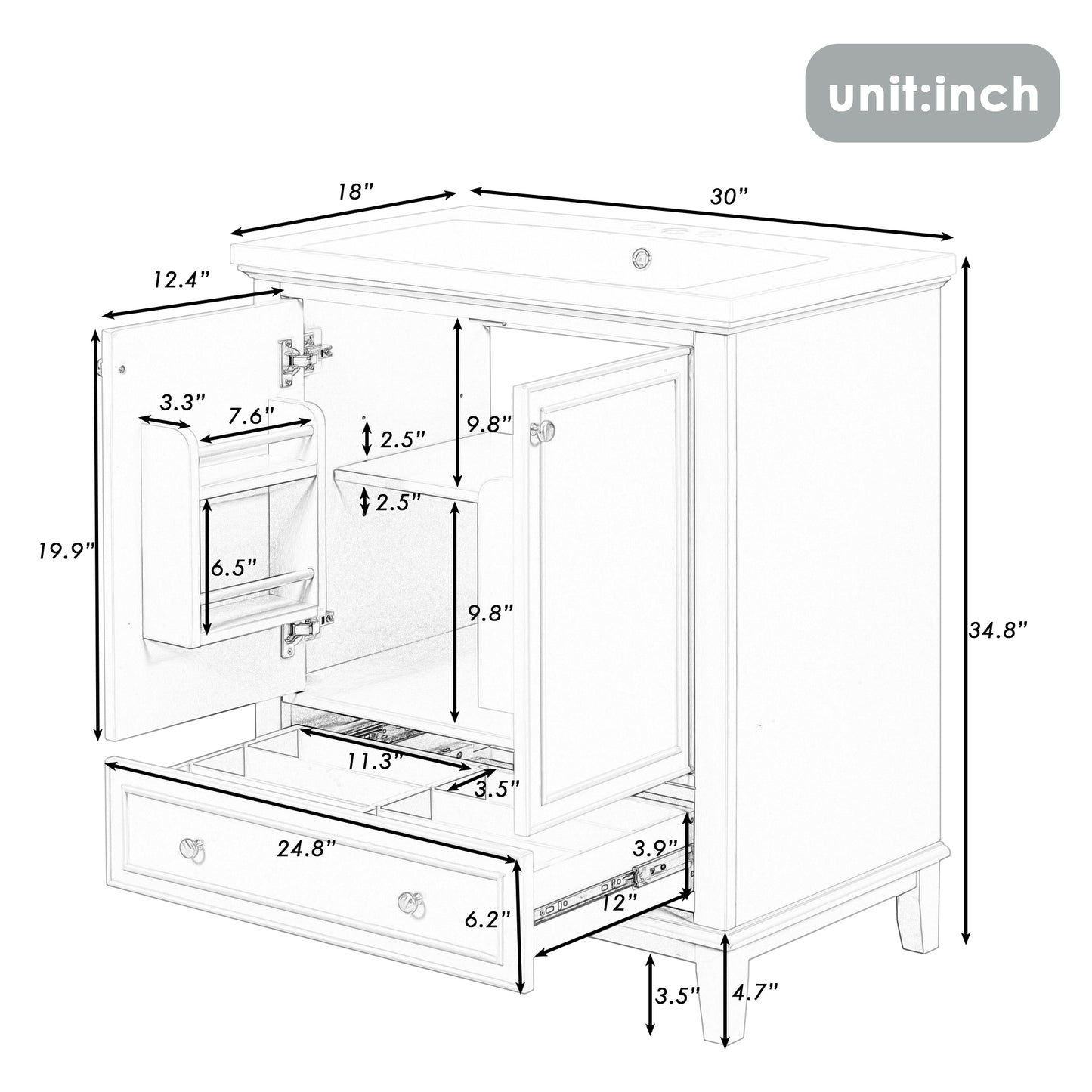 30" Bathroom Vanity with Sink Combo, Multi-functional Bathroom Cabinet with Doors and Drawer, Solid Frame and MDF Board, White