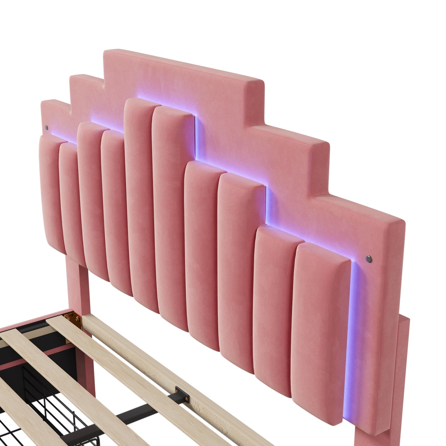 Full Size Upholstered Platform Bed with LED Lights and 4 Drawers, Stylish Irregular Metal Bed Legs Design, Pink