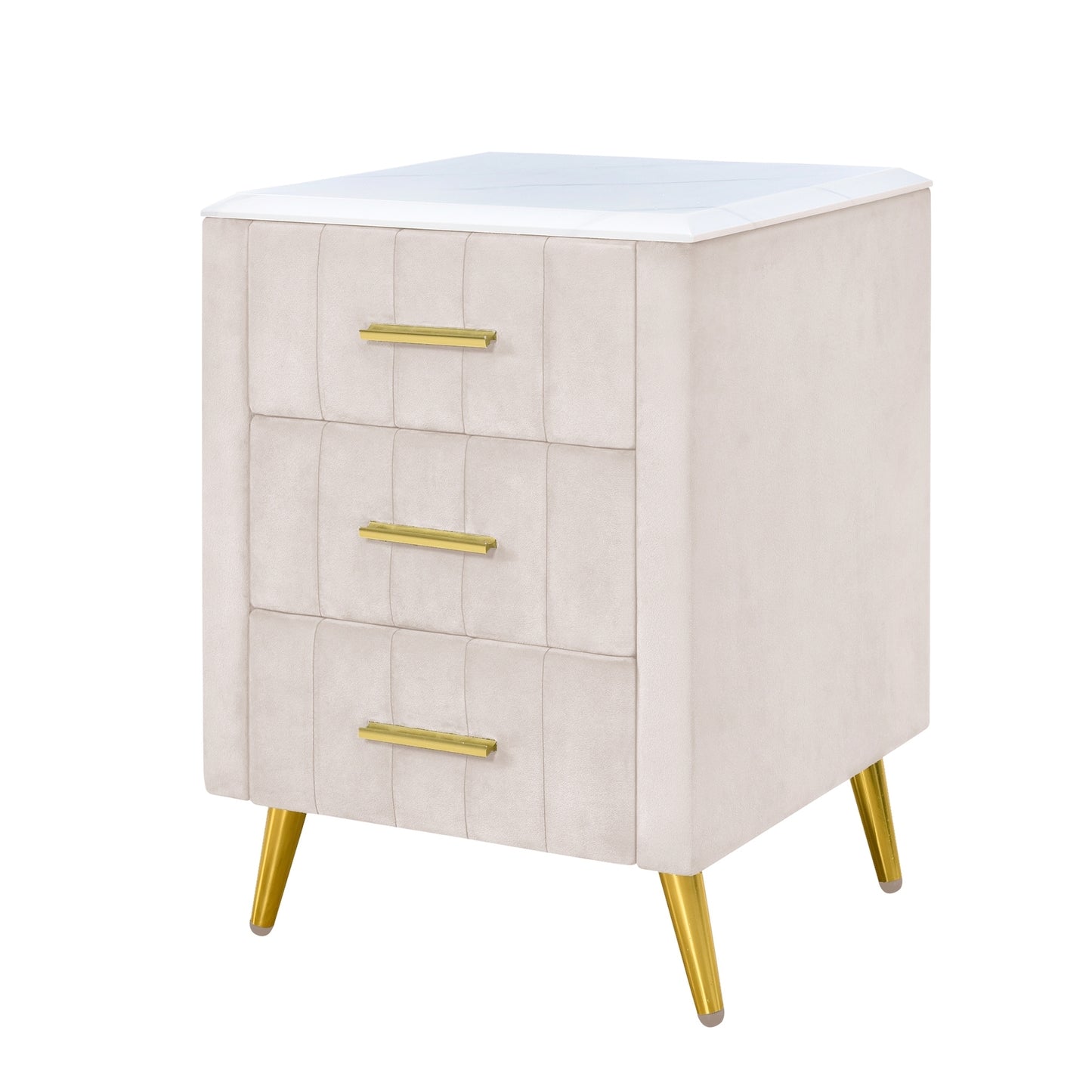 Upholstered Wooden Nightstand with 3 Drawers and Metal Legs&Handles,Fully Assembled Except Legs&Handles,Bedside Table with Marbling Worktop - Beige