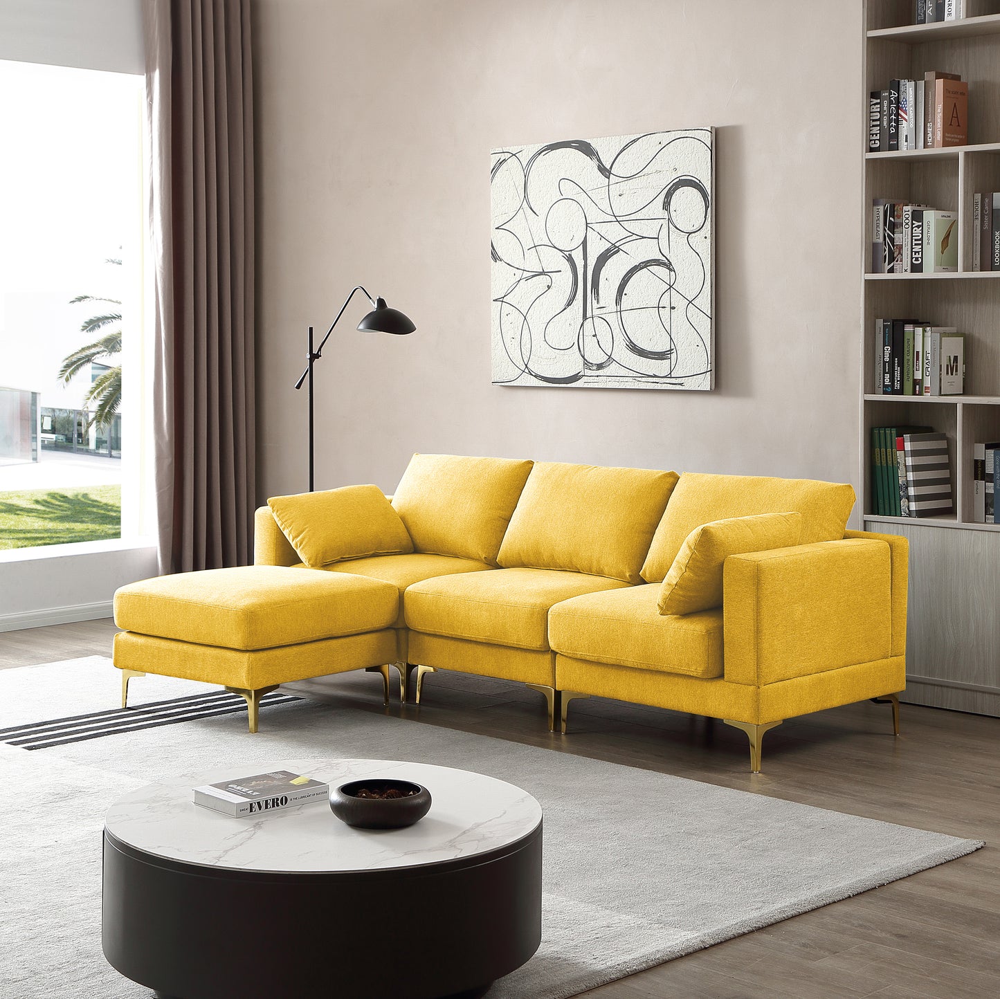 ADF Living Room Furniture Modern Leisure L Shape Couch Yellow Fabric