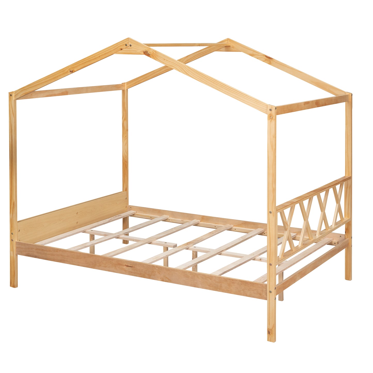 Full Size Wood House Bed with Storage Space, Natural