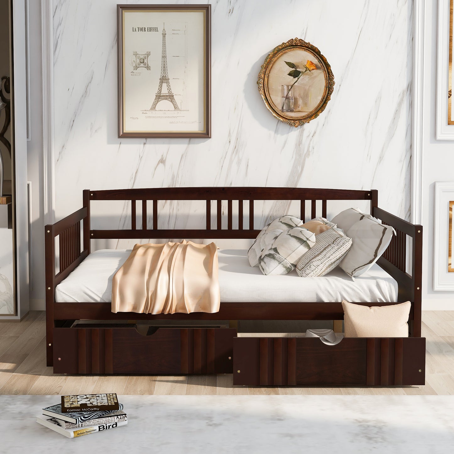 Full Size Daybed Wood Bed with Two Drawers,Espresso