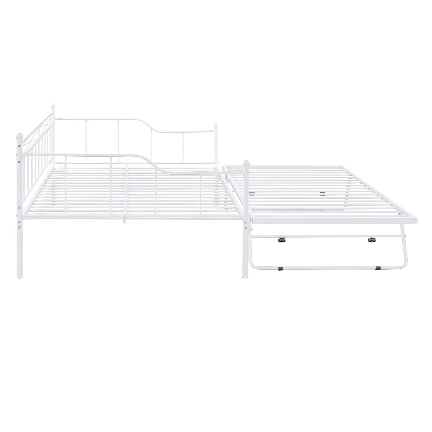 Full Size Metal Daybed with Twin Size Adjustable Trundle, Portable Folding Trundle, White