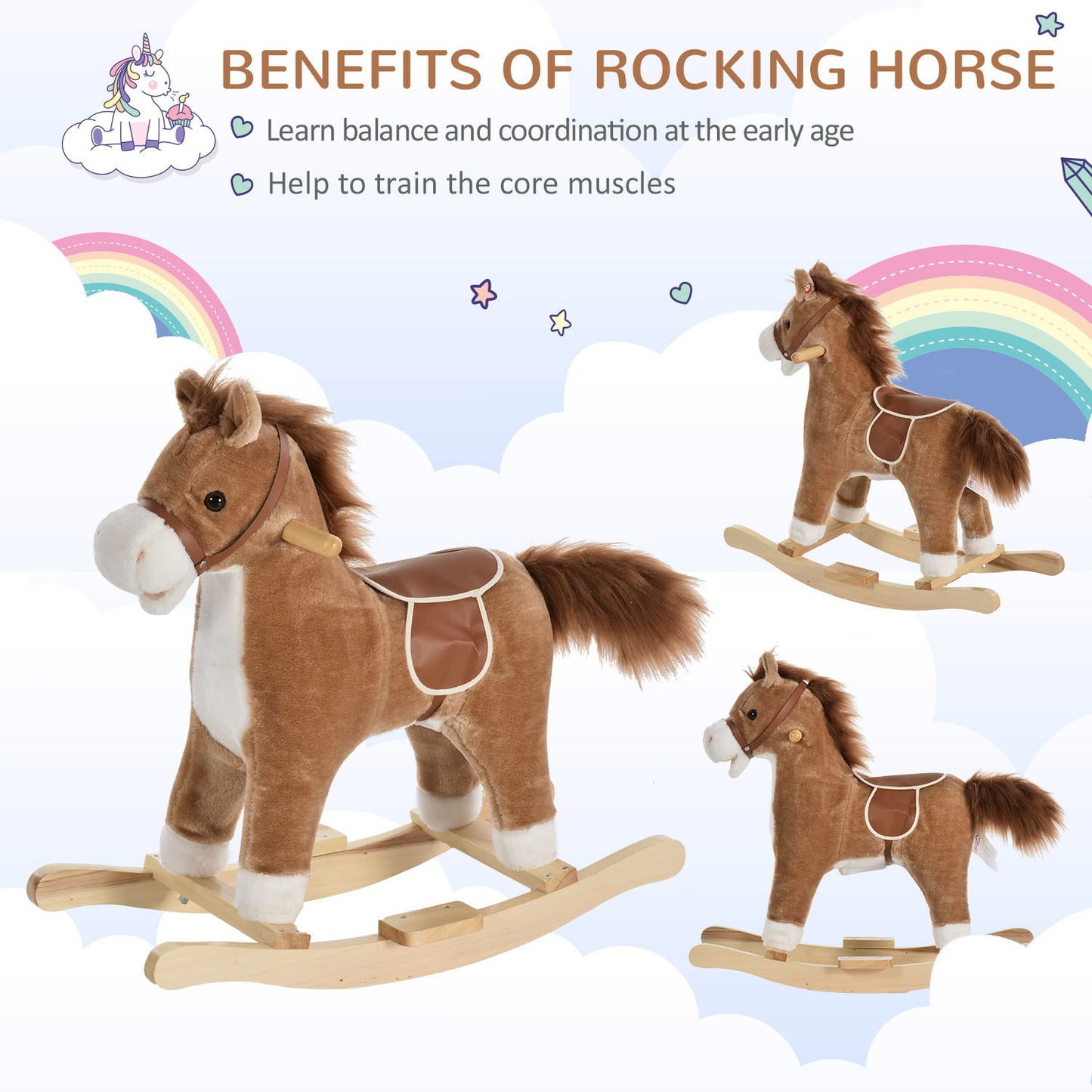 Brown Plush Interactive Rocking Horse for Babies with Sound and Motion