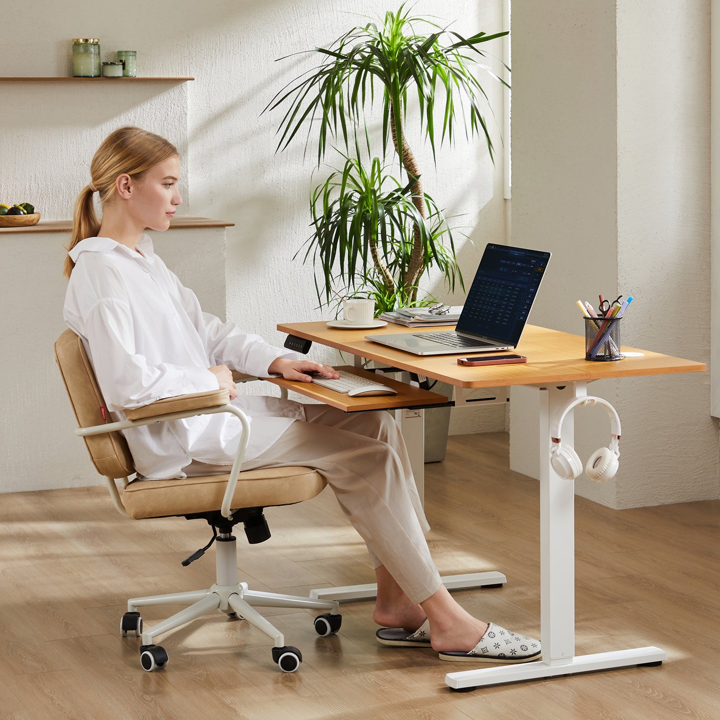 Electric Height-Adjustable Desk with Keyboard Tray, 48 x 24 Inches, Natural Wood Finish