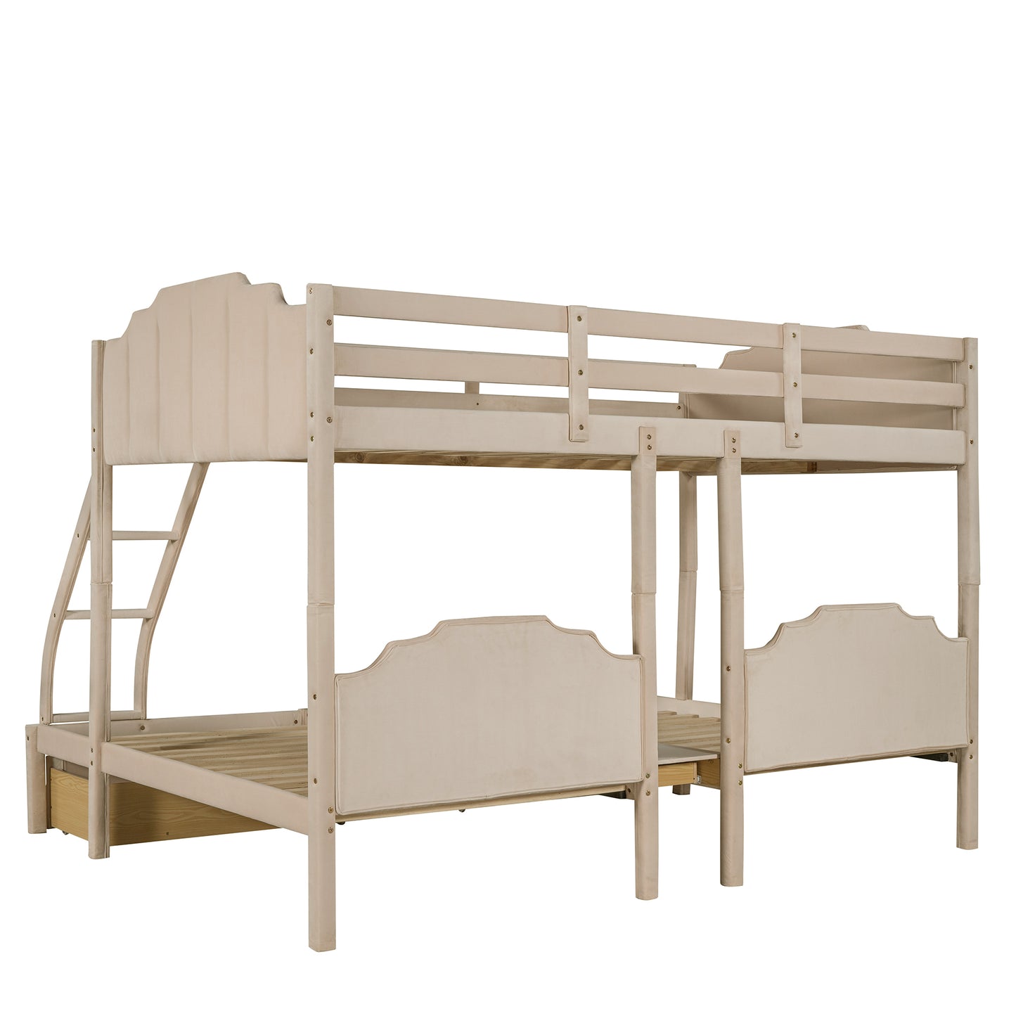 Triple Bunk Bed with Full Lower Bed, Twin Upper Bed, Velvet Finish, Beige - Space-Saving Triple Bed with Full, Twin, and Velvet Touch