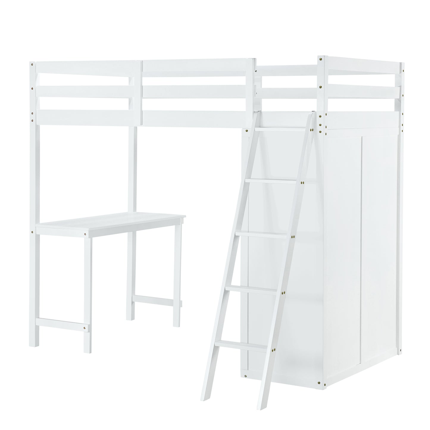 Twin Size Loft Bed with Wardrobe and Desk, White