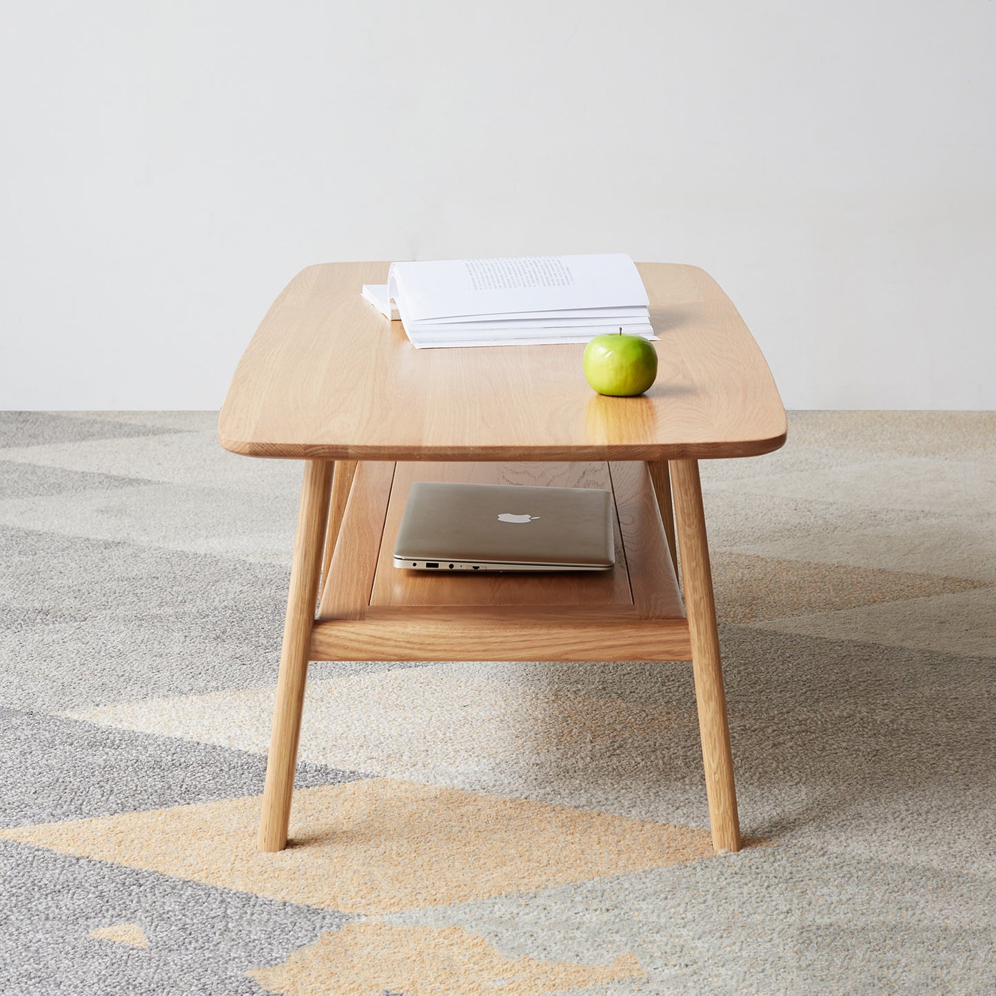 Natural Oak Wood Two-Tier Coffee Table with Dual-Layer Storage Shelf