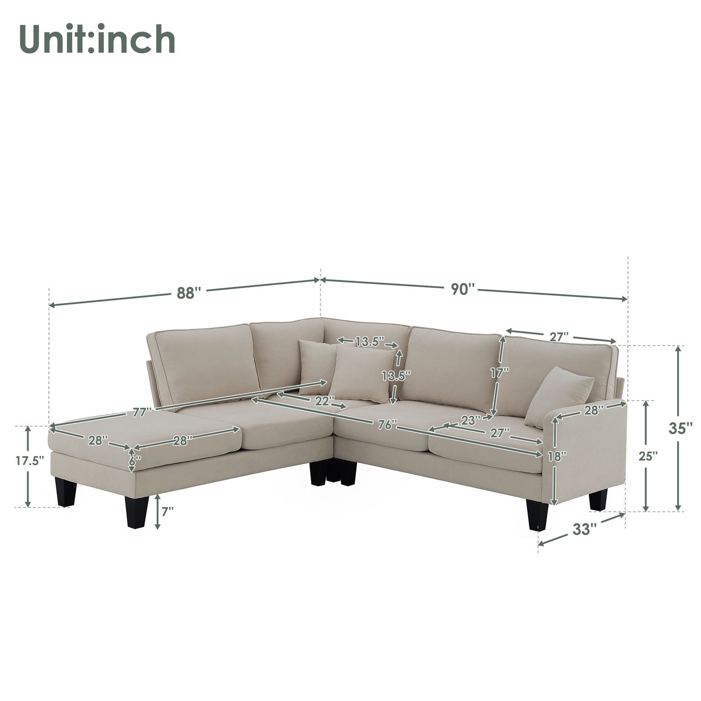 Terrycloth Minimalist L-Shaped Sectional Sofa with Chaise Lounge