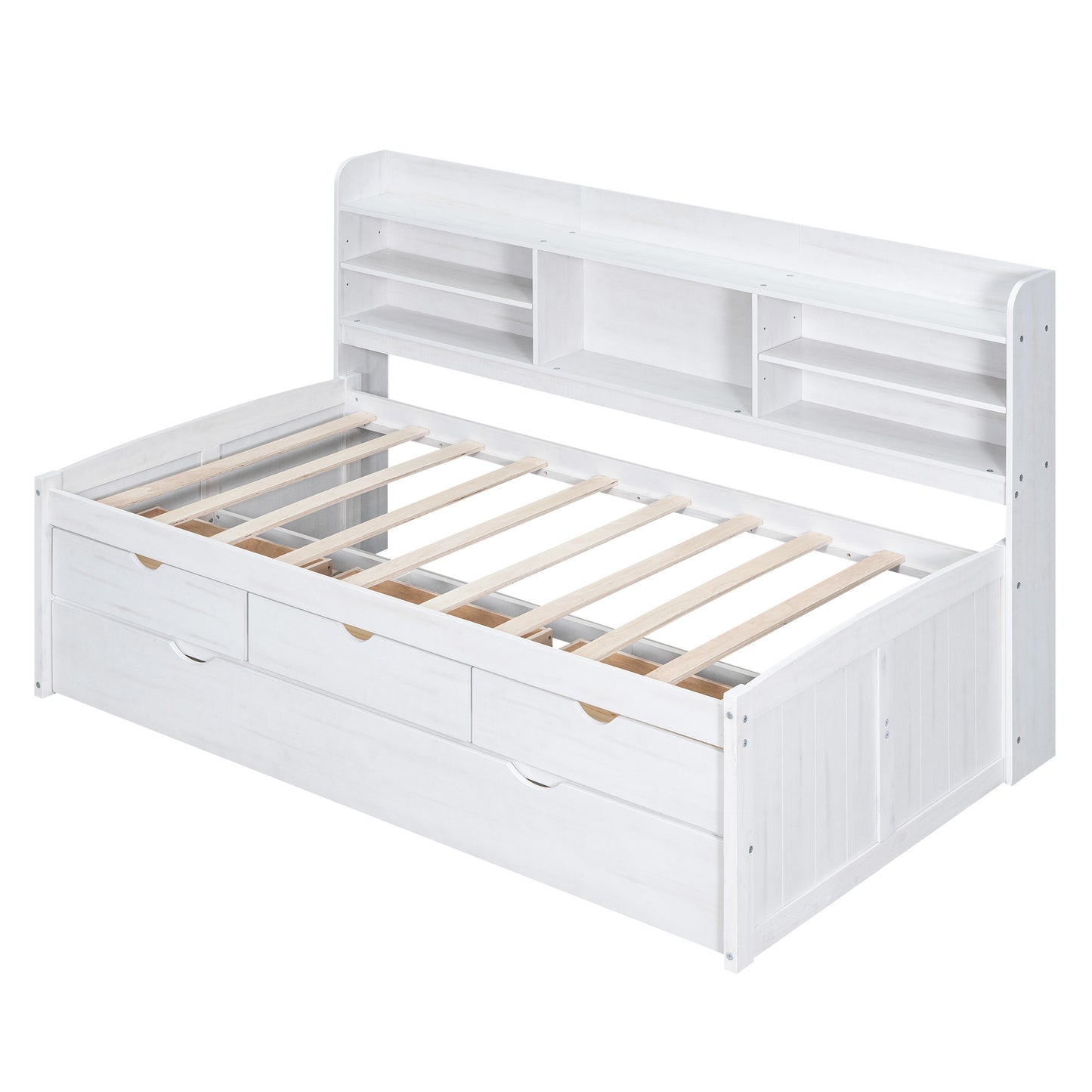 Twin Size Wooden Captain Bed with Built-in Bookshelves,Three Storage Drawers and Trundle, White Wash