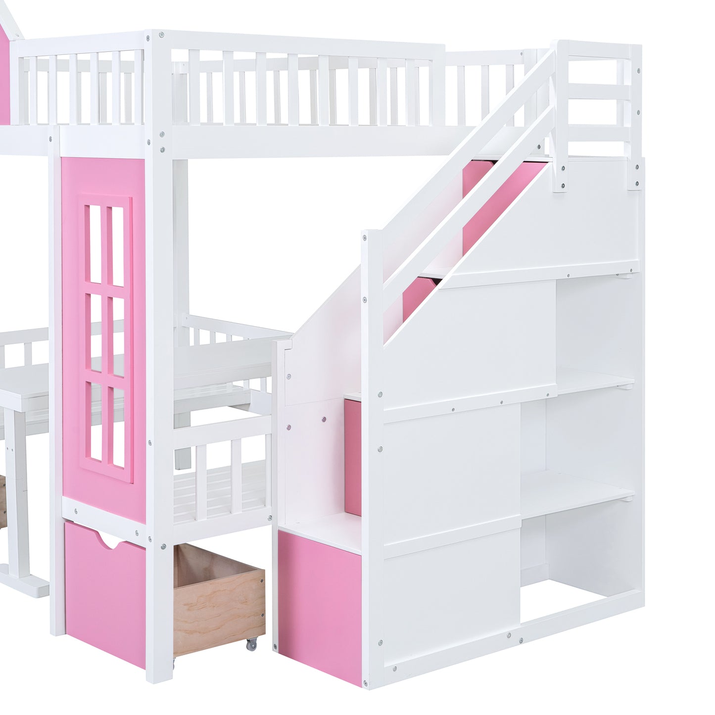 Pink Full-Over-Full Bunk Bed with Multi-Functional Table