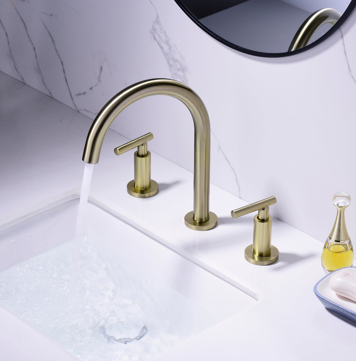 Gold High Arc 3-Hole Widespread Bathroom Sink Faucet with Rotatable Spout