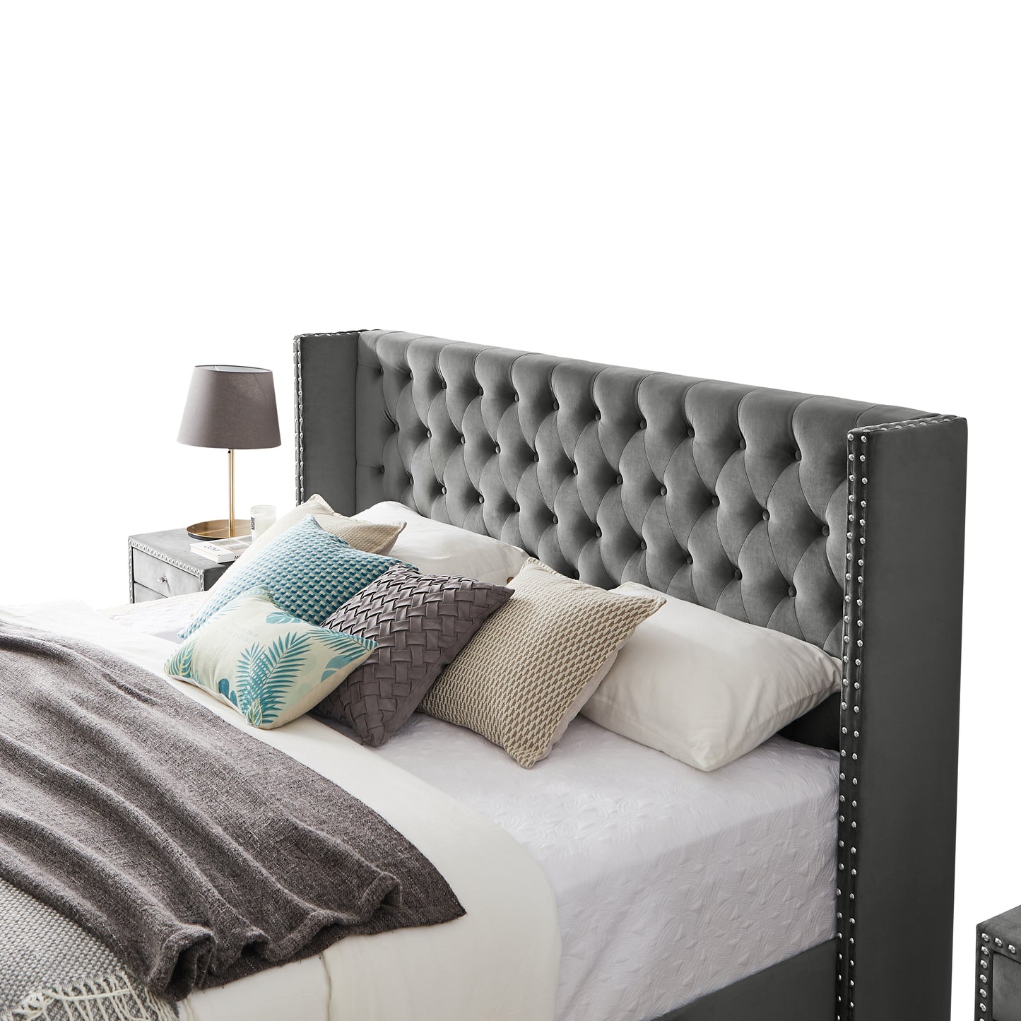 B100S King bed with one nightstand, Button designed Headboard,strong wooden slats + metal legs with Electroplate