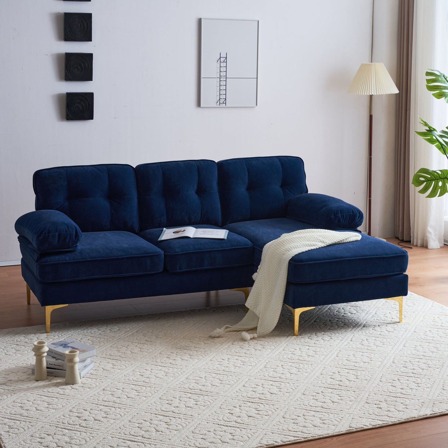 83 Blue Velvet L-Shaped Sectional Sofa with Mid-Century Modern Vibes