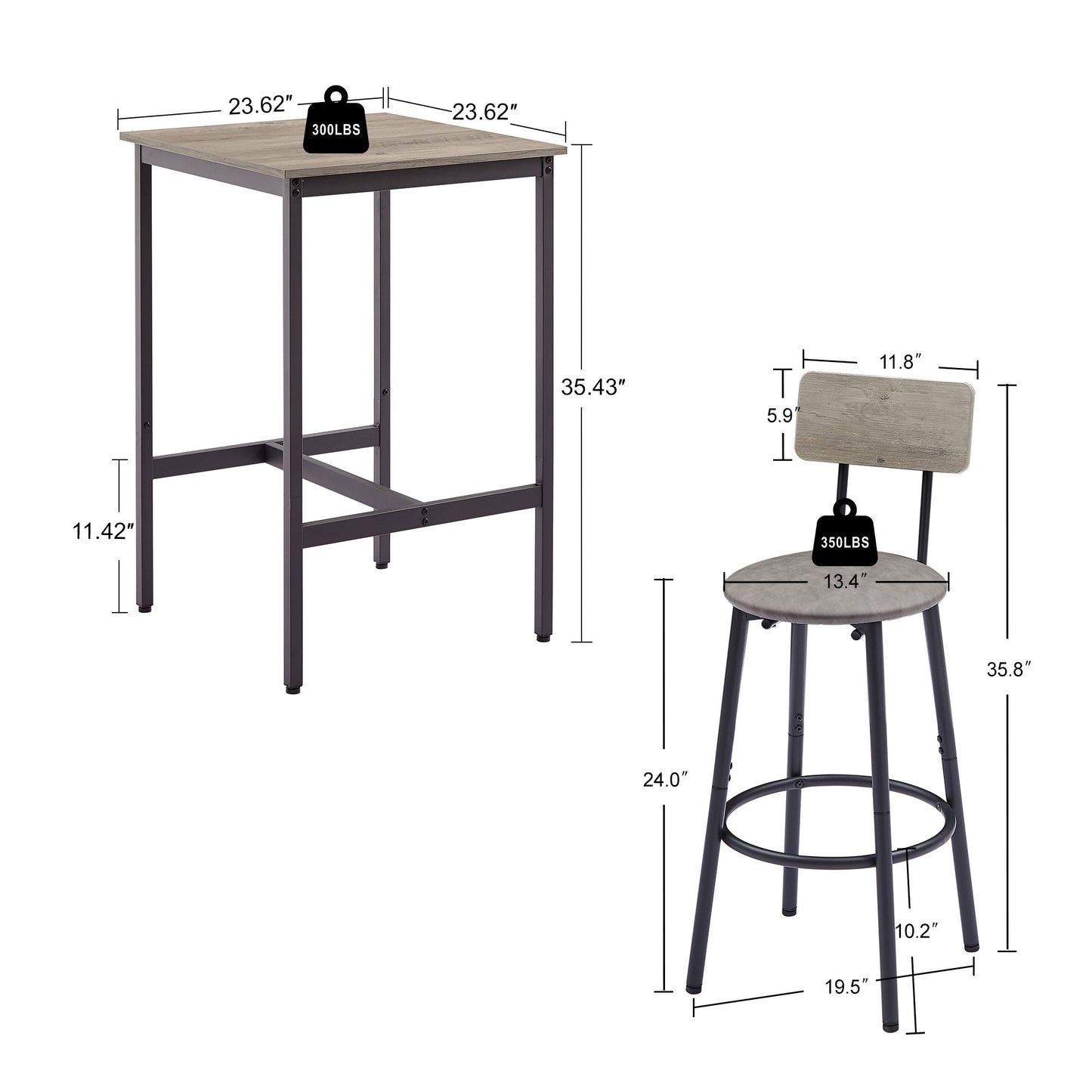 Bar Table Set with 2 Bar stools PU Soft seat with backrest, Grey, 23.62'' W x 23.62'' D x 35.43'' H