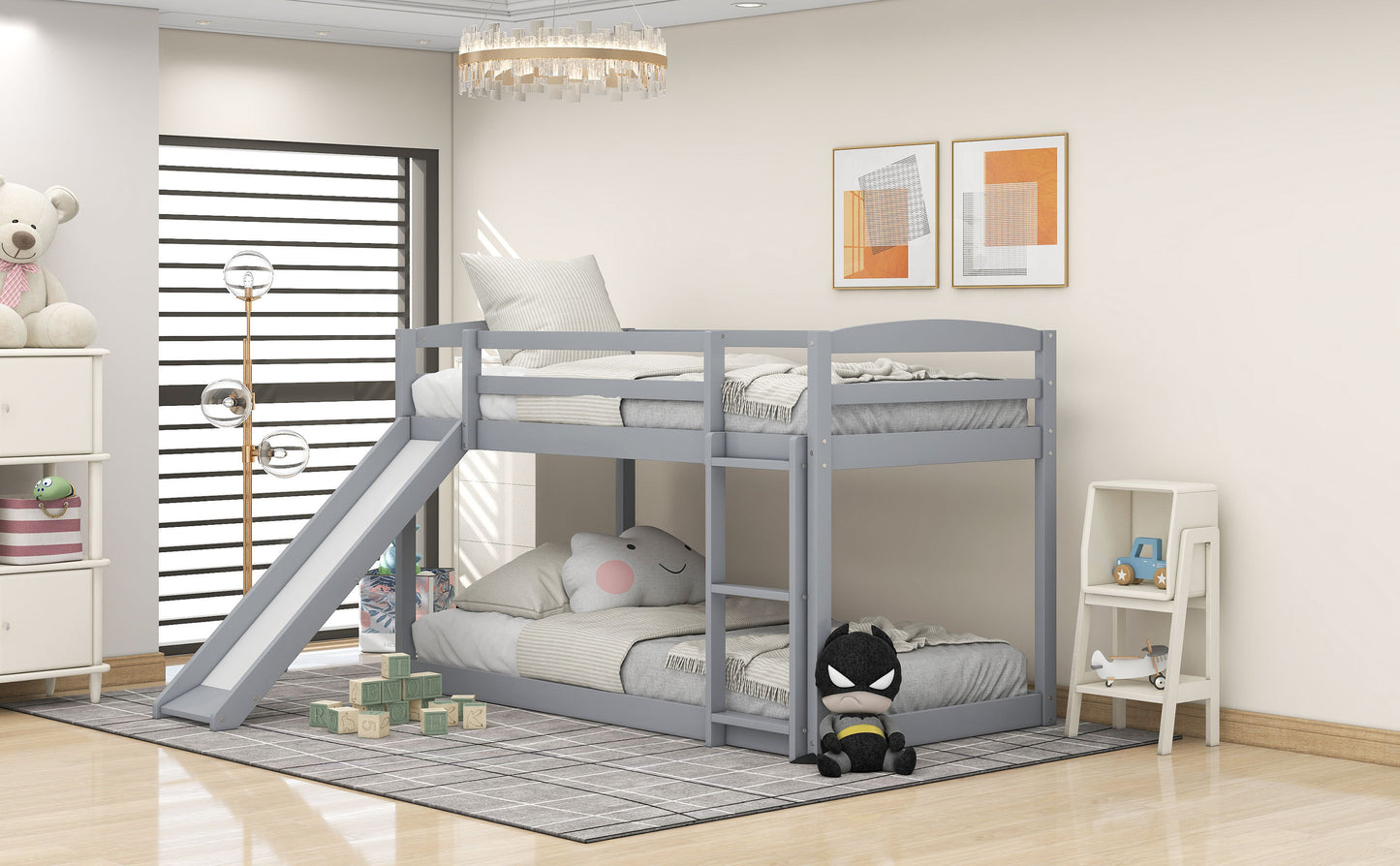 Convertible Gray Twin Bunk Bed with Slide, Ladder, and Playful Design