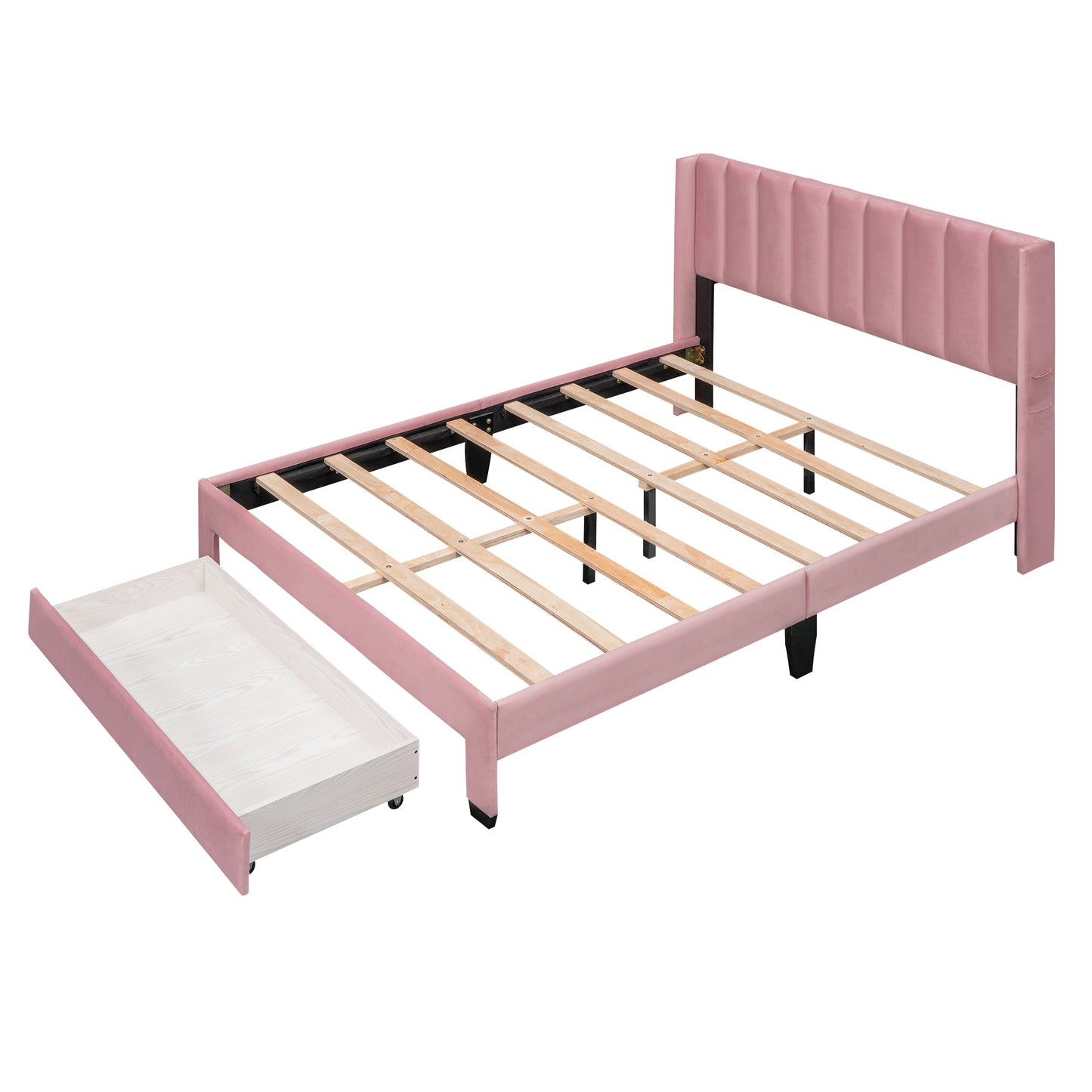 Queen Size Storage Bed Velvet Upholstered Platform Bed with a Big Drawer - Pink