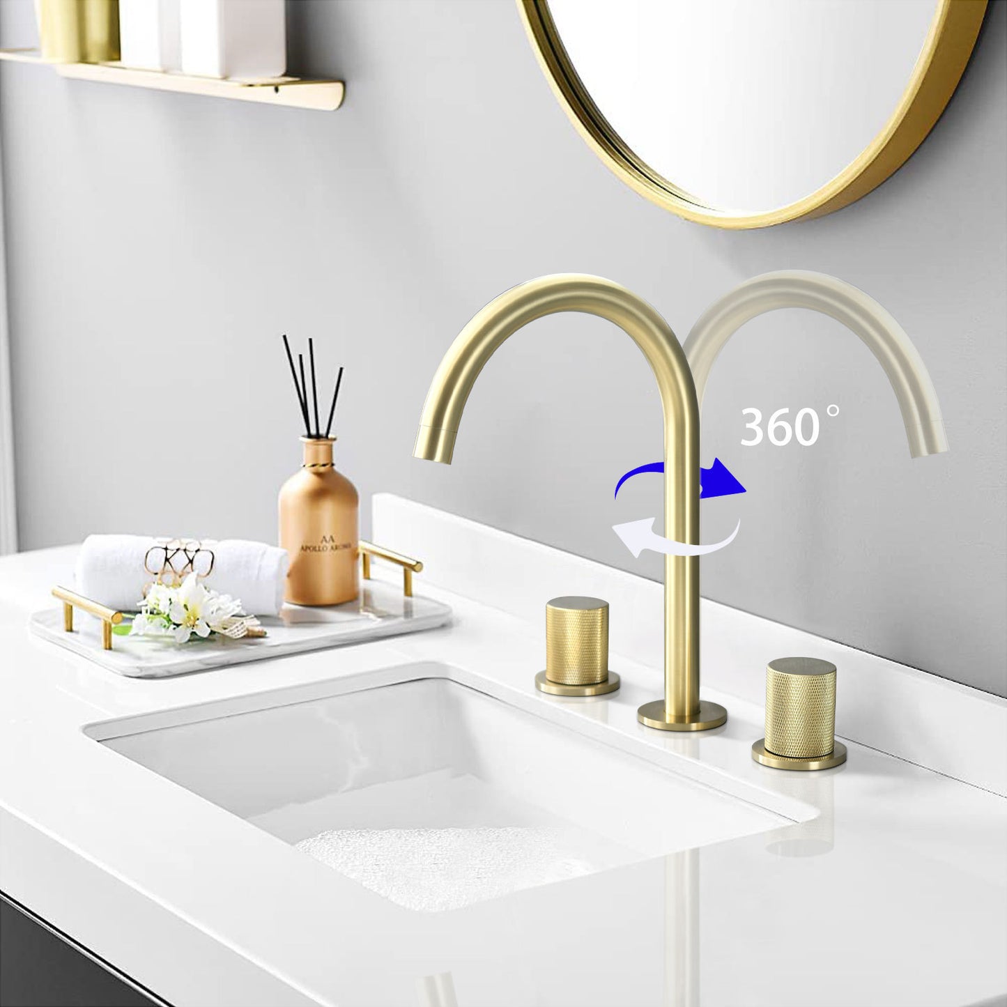 Golden Brushed Two Handles Widespread 8 Inch Bathroom Faucet