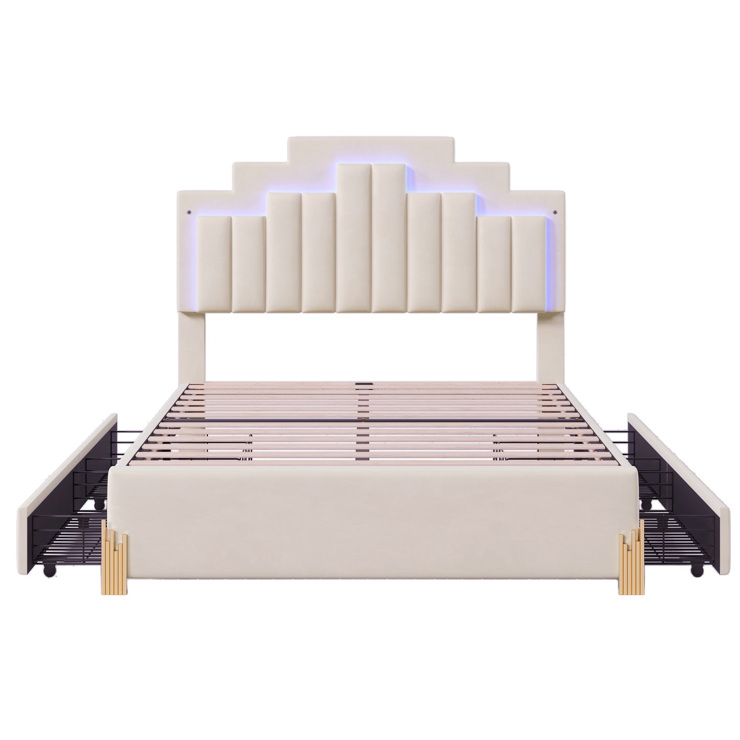 Full Size Upholstered Platform Bed with LED Lights and 4 Drawers, Stylish Irregular Metal Bed Legs Design, Beige